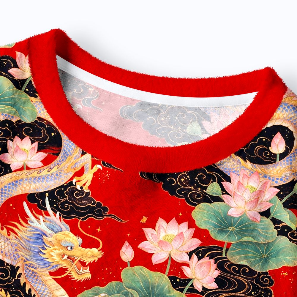 Kyoto-Lion Traditional Asian Dragon Lotus Blossom Women's Fuzzy Cropped Sweatshirt