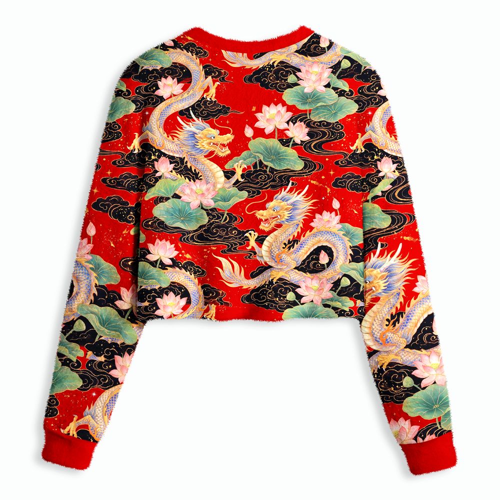 Kyoto-Lion Traditional Asian Dragon Lotus Blossom Women's Fuzzy Cropped Sweatshirt