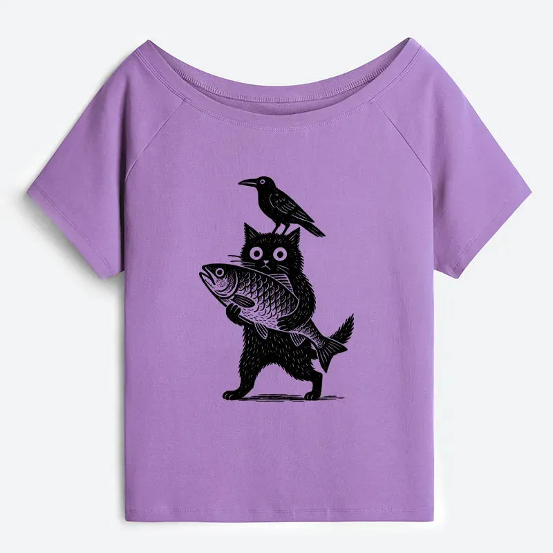 Kyoto-Lion Black Animals Funny Off Shoulder T-Shirt