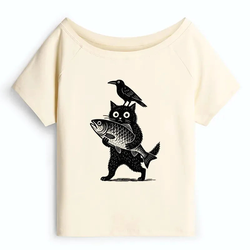 Kyoto-Lion Black Animals Funny Off Shoulder T-Shirt