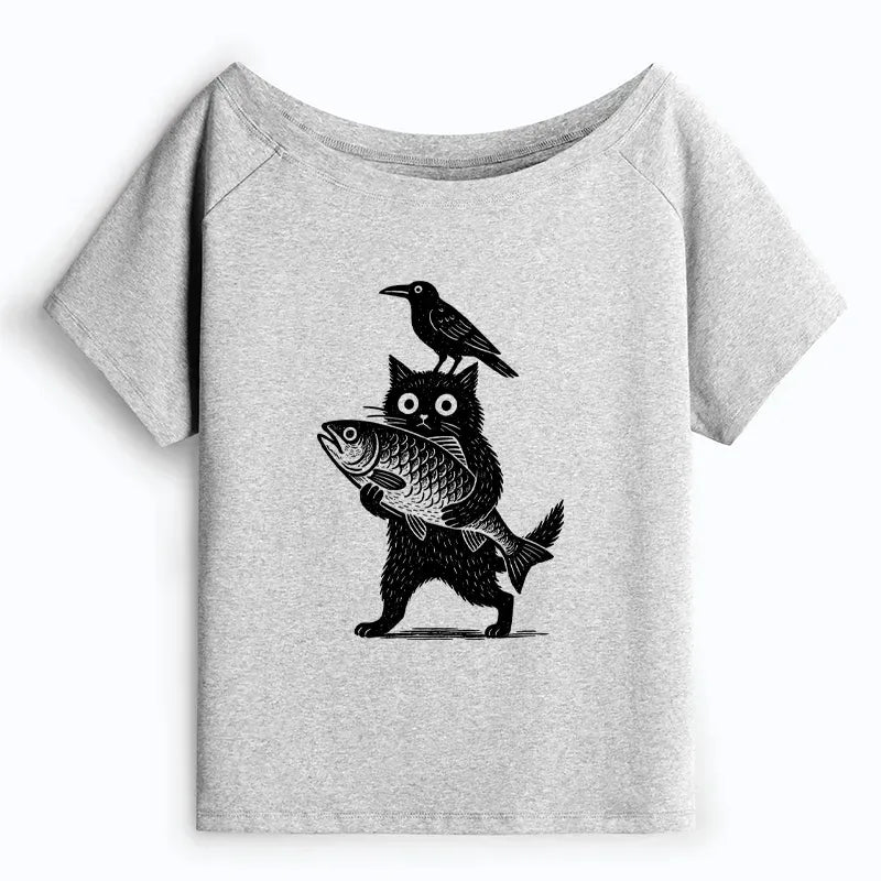 Kyoto-Lion Black Animals Funny Off Shoulder T-Shirt