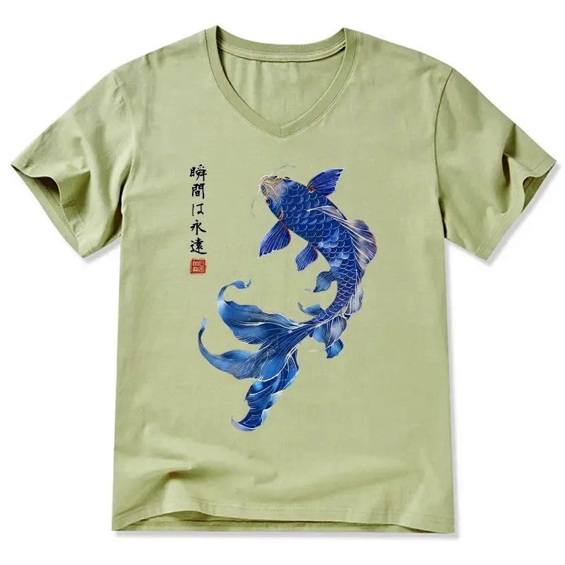 Kyoto-Lion Lucky Blue Koi Fish Art V-Neck Classic T-Shirt