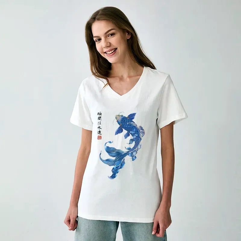 Lucky Blue Koi Art T-Shirt for Summer