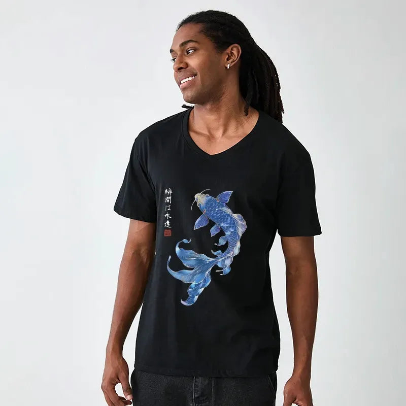 Lucky Blue Koi Art T-Shirt for Summer