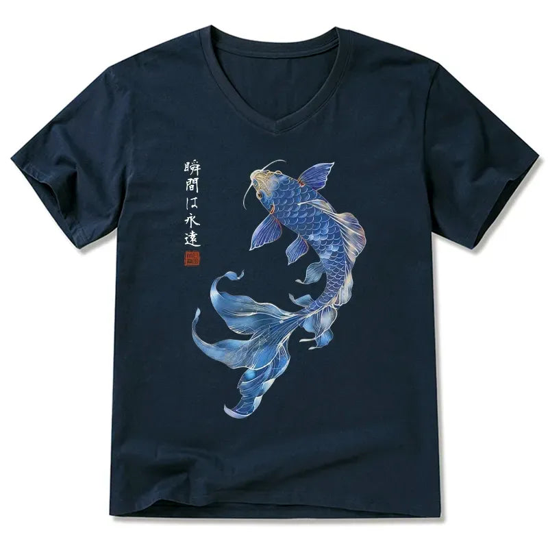 Kyoto-Lion Lucky Blue Koi Fish Art V-Neck Classic T-Shirt