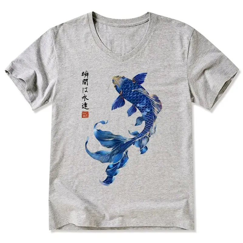 Kyoto-Lion Lucky Blue Koi Fish Art V-Neck Classic T-Shirt