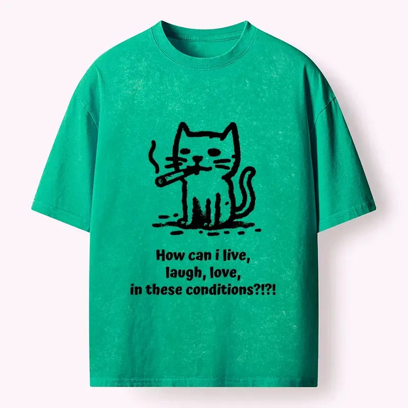 Kyoto-Lion Funny Cat Tough Living Vibe Washed T-Shirt
