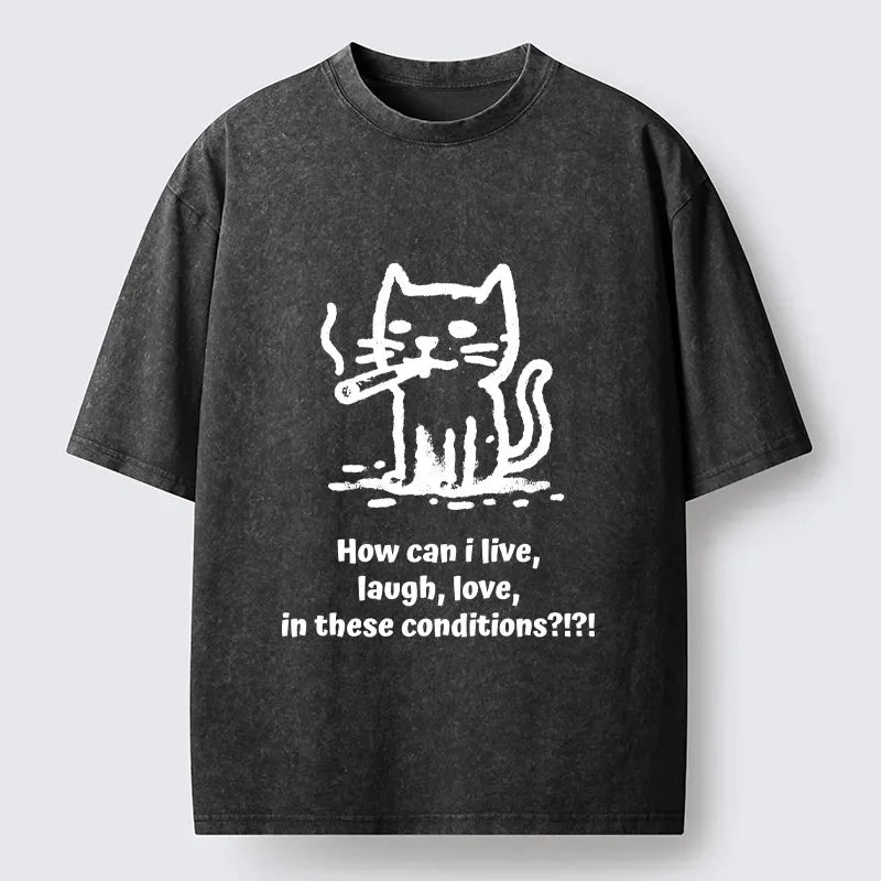 Kyoto-Lion Funny Cat Tough Living Vibe Washed T-Shirt