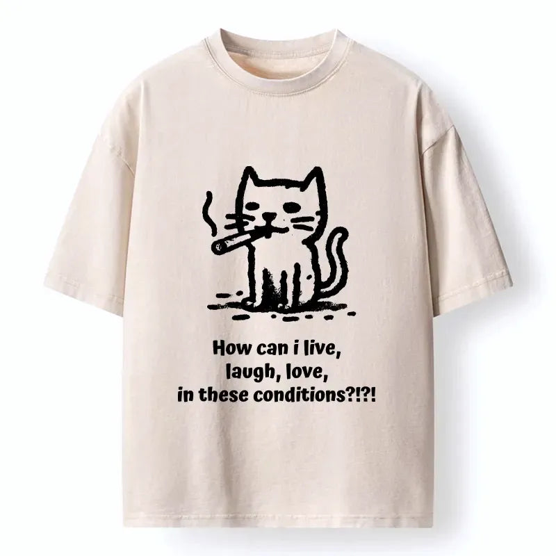 Kyoto-Lion Funny Cat Tough Living Vibe Washed T-Shirt