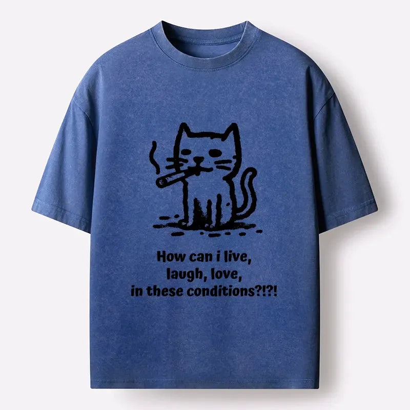 Kyoto-Lion Funny Cat Tough Living Vibe Washed T-Shirt