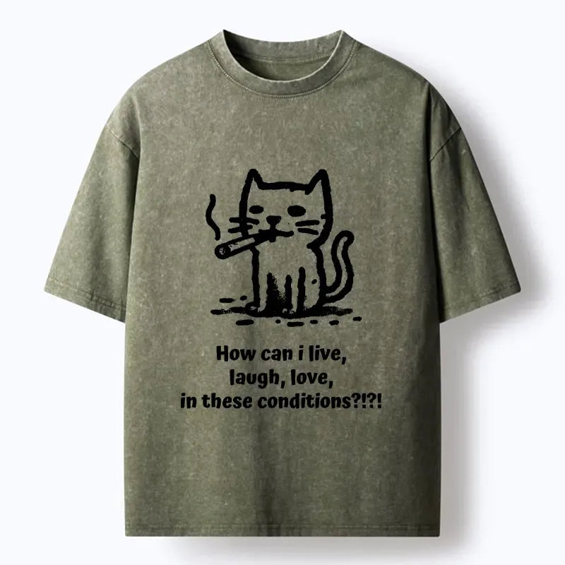 Funny Cat Washed T-Shirt for Daily Wear