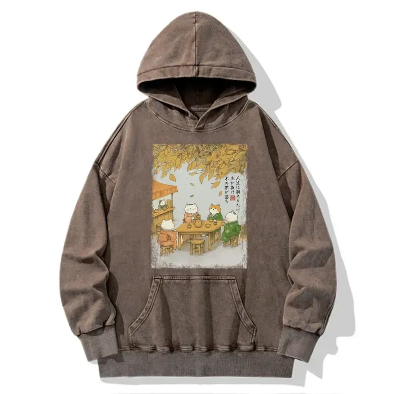 Kyoto-Lion Cats Drinking Tea Under The Tree Washed Hoodie