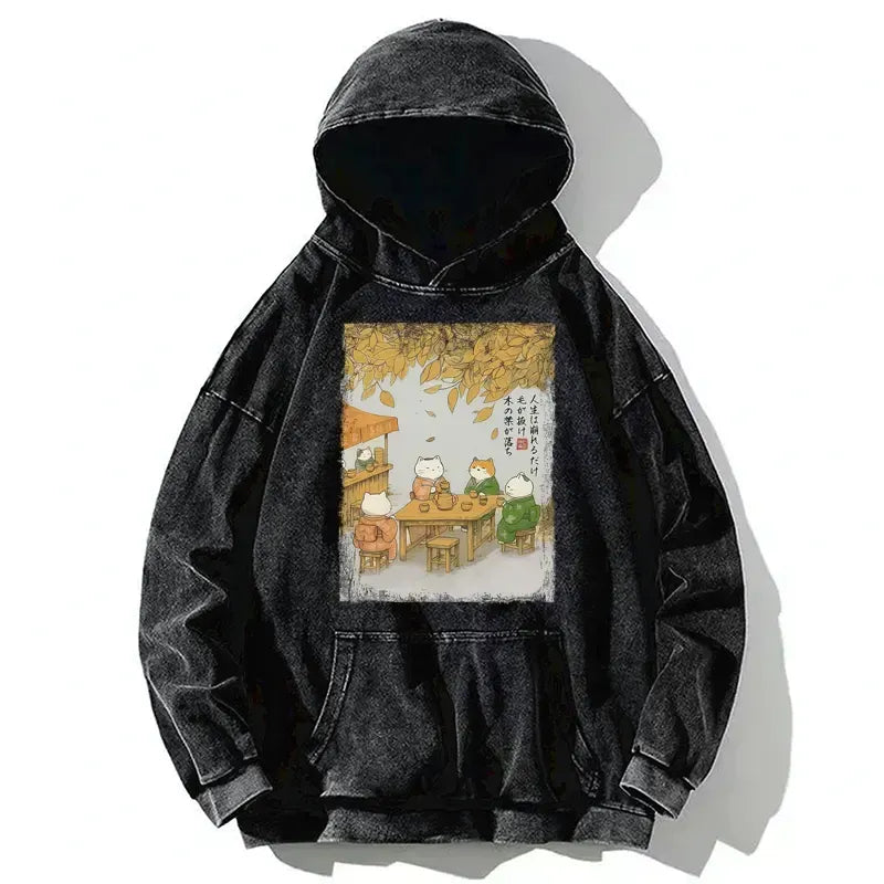Kyoto-Lion Cats Drinking Tea Under The Tree Washed Hoodie