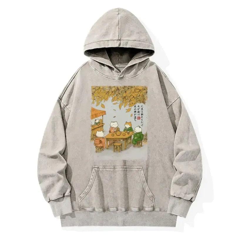 Kyoto-Lion Cats Drinking Tea Under The Tree Washed Hoodie