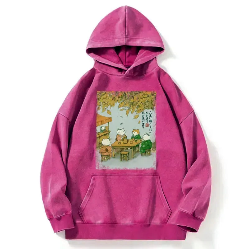 Kyoto-Lion Cats Drinking Tea Under The Tree Washed Hoodie
