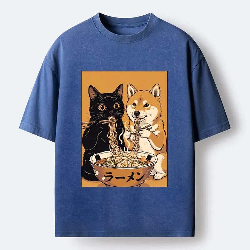 Kyoto-Lion Funny Meme Cat Shiba Noodle Lovers Washed T-Shirt