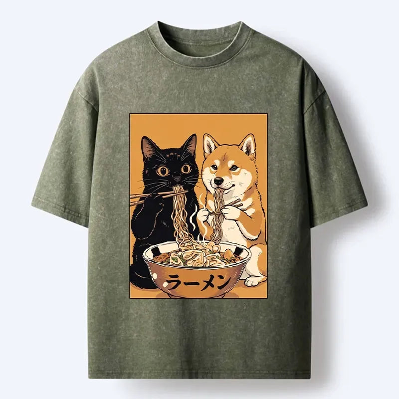 Kyoto-Lion Funny Meme Cat Shiba Noodle Lovers Washed T-Shirt