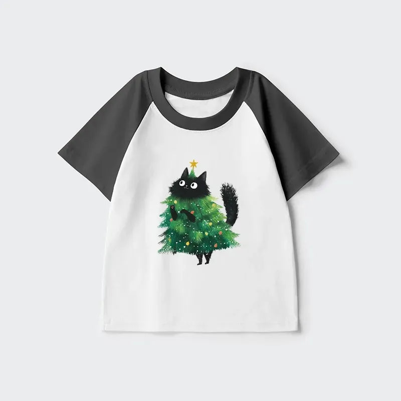 Kyoto-Lion Christmas Tree Cat Japan Kids Raglan T-shirt