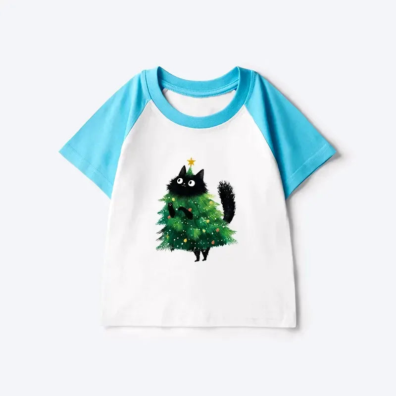 Kyoto-Lion Christmas Tree Cat Japan Kids Raglan T-shirt