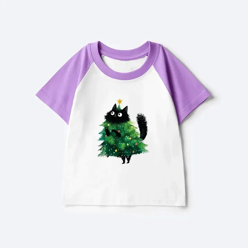 Kyoto-Lion Christmas Tree Cat Japan Kids Raglan T-shirt