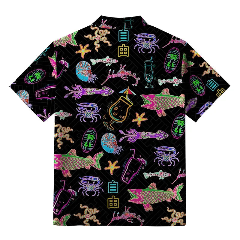 Japanese neon sea animals button-up shirt