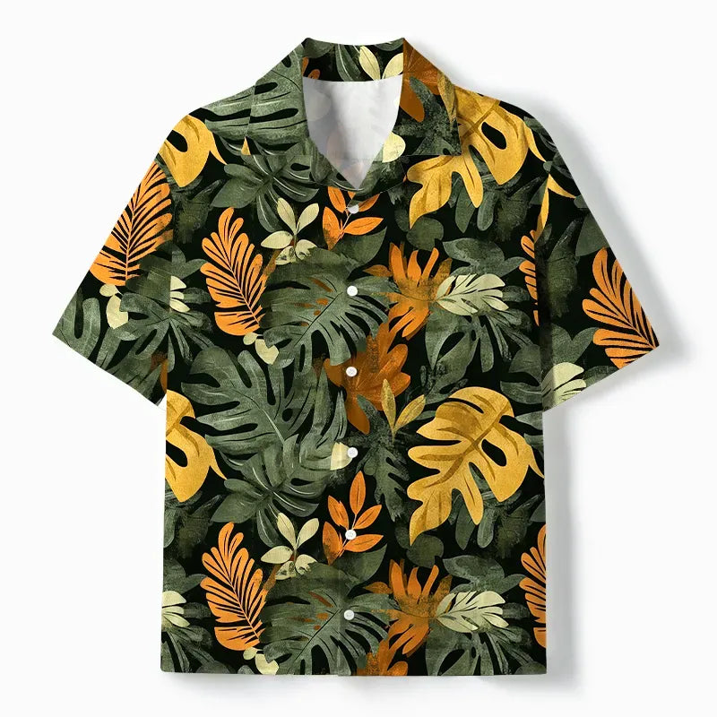 Kyoto-Lion Tropical Leaf Frenzy Aloha Cuban Collar Shirt
