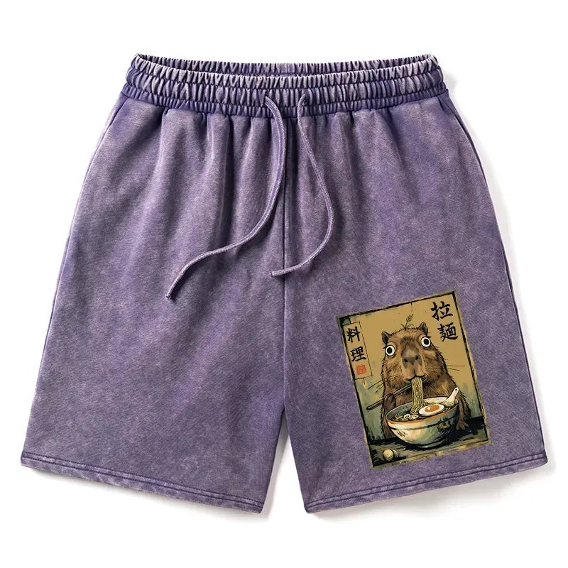 Kyoto-Lion Cute Capybara Eating Ramen Washed Shorts
