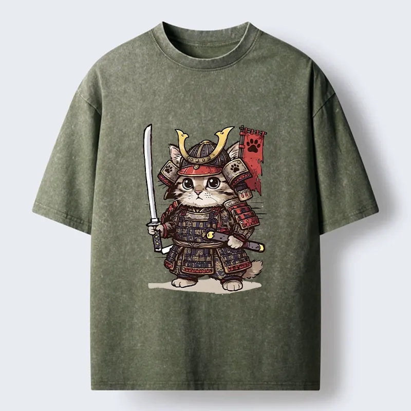 Kyoto-Lion Funny Samurai Cat Washed T-Shirt