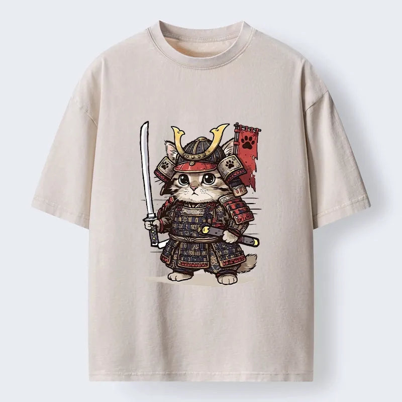 Kyoto-Lion Funny Samurai Cat Washed T-Shirt