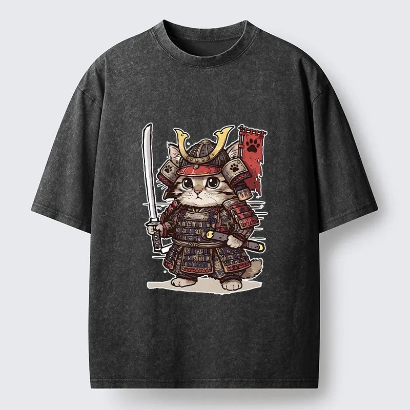 Kyoto-Lion Funny Samurai Cat Washed T-Shirt