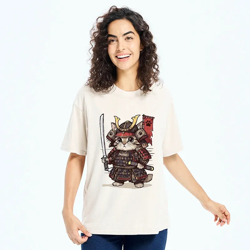 Kyoto-Lion Funny Samurai Cat Washed T-Shirt