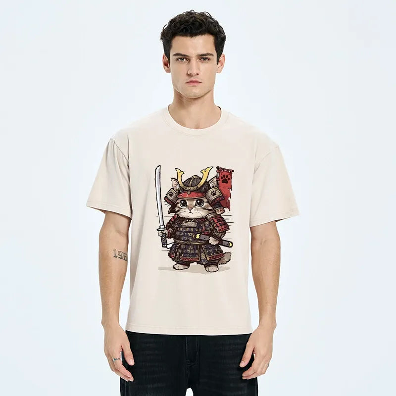 Kyoto-Lion Funny Samurai Cat Washed T-Shirt