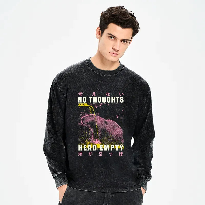 Kyoto-Lion No Thoughts Head Empty Washed Long Sleeve T-Shirt