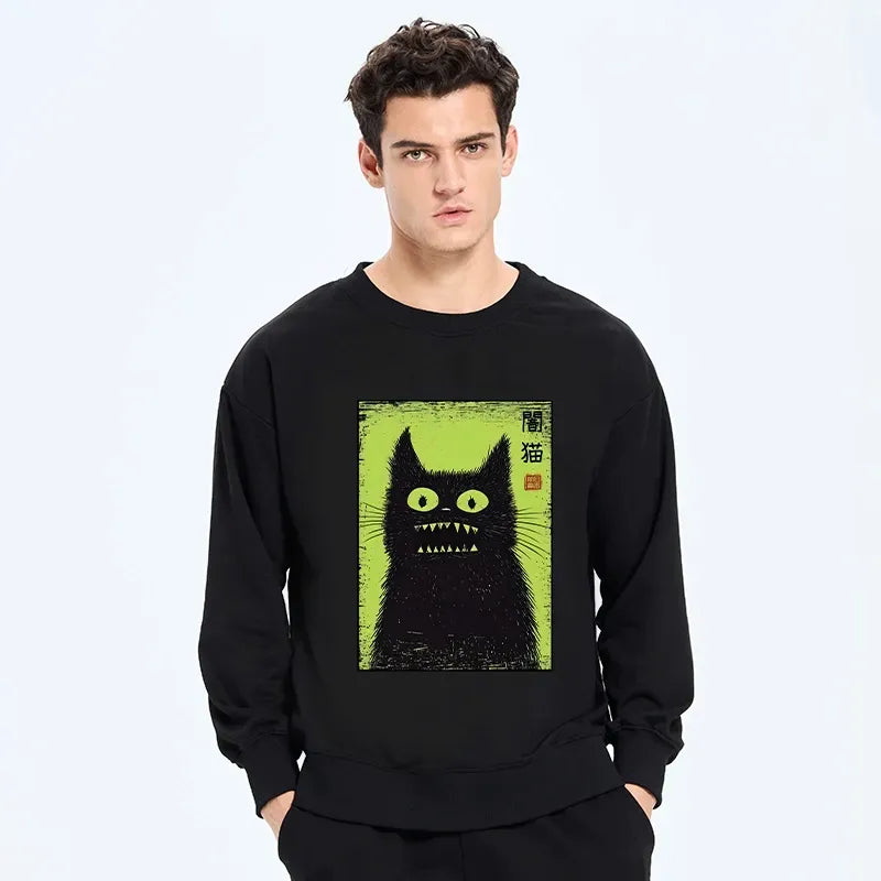 Japanese Black Cat Sweatshirt for Daily Wear