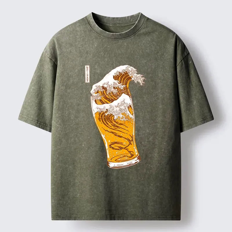 Kyoto-Lion Great Beer Wave Print Washed T-Shirt