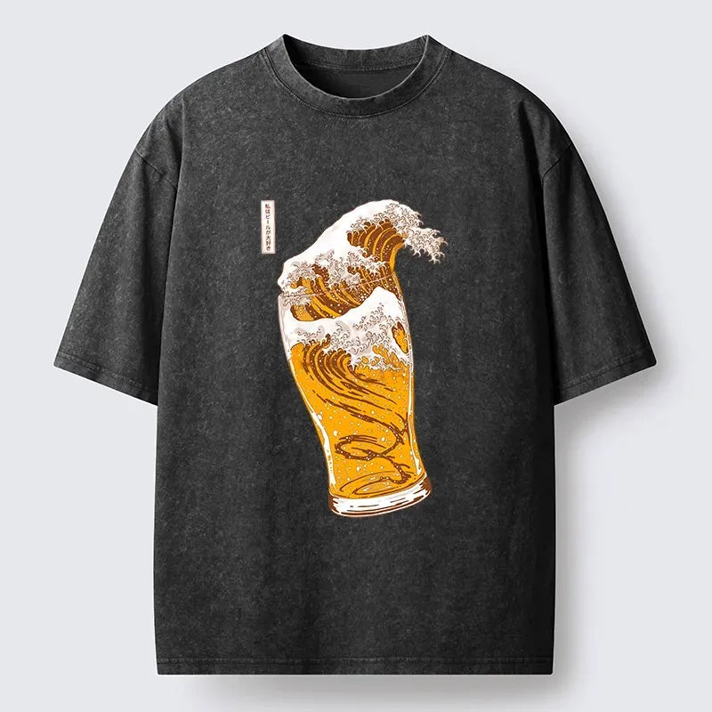 Kyoto-Lion Great Beer Wave Print Washed T-Shirt
