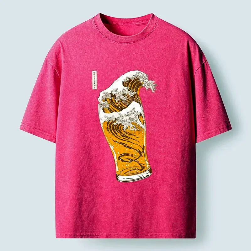 Kyoto-Lion Great Beer Wave Print Washed T-Shirt