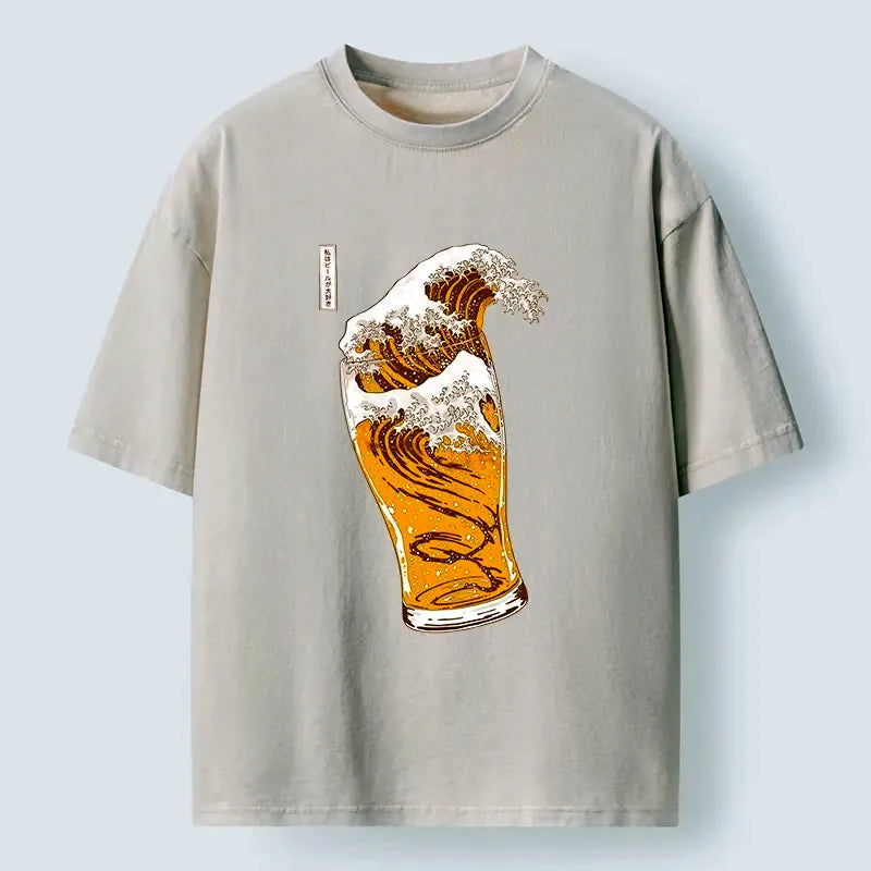Kyoto-Lion Great Beer Wave Print Washed T-Shirt