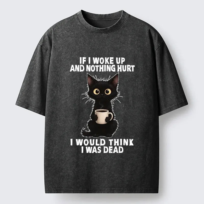Kyoto-Lion Funny Cute Black Cat And Coffee Meme Washed T-Shirt