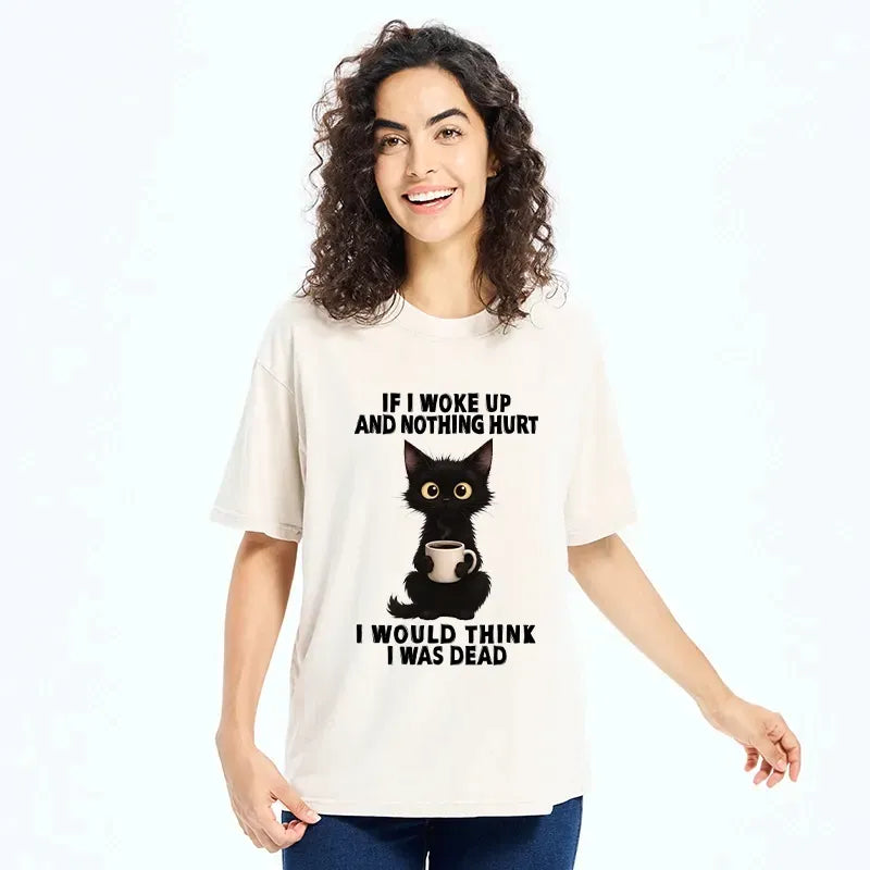 Kyoto-Lion Funny Cute Black Cat And Coffee Meme Washed T-Shirt