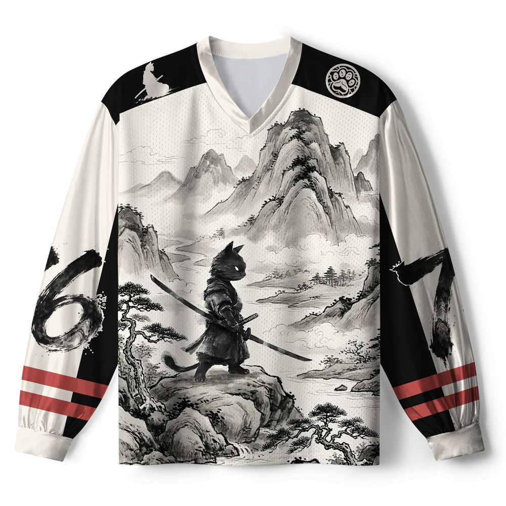 Kyoto-Lion Samurai Cat Mountains Paneled Long Sleeve Jersey