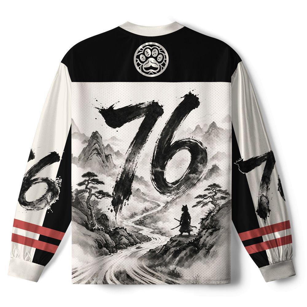 Kyoto-Lion Samurai Cat Mountains Paneled Long Sleeve Jersey