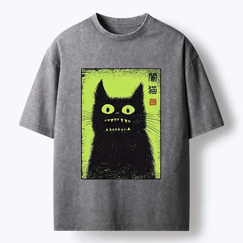 spooky black cat washed t-shirt on sale