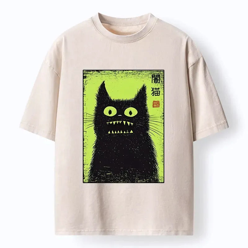 spooky black cat washed t-shirt on sale