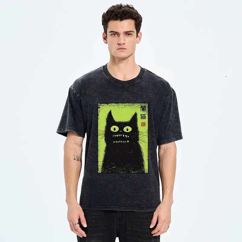japanese vintage black cat t-shirt streetwear