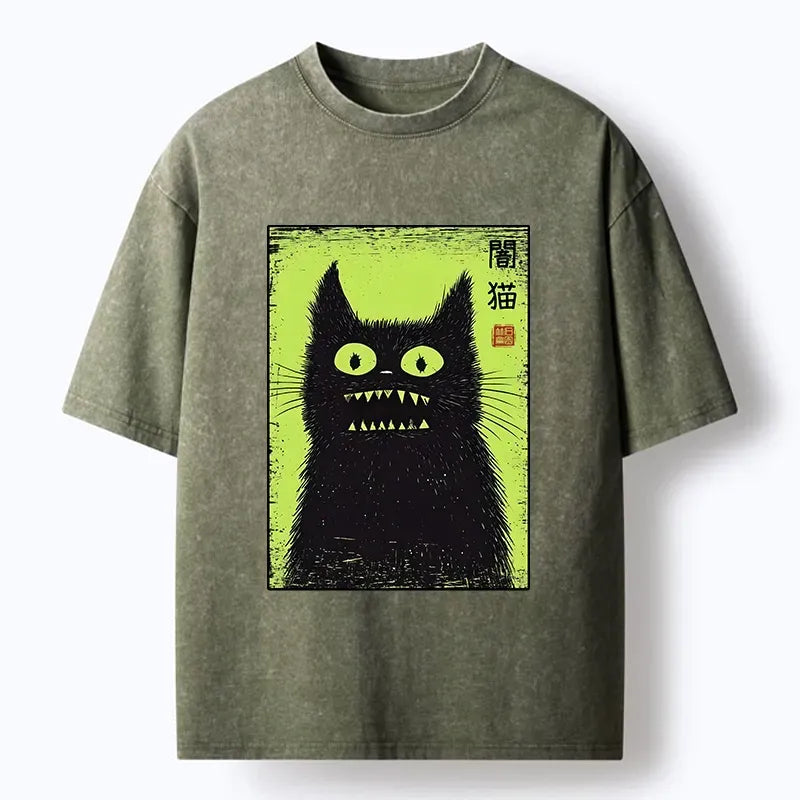 Kyoto-Lion Spooky Black Cat Japanese Washed T-Shirt