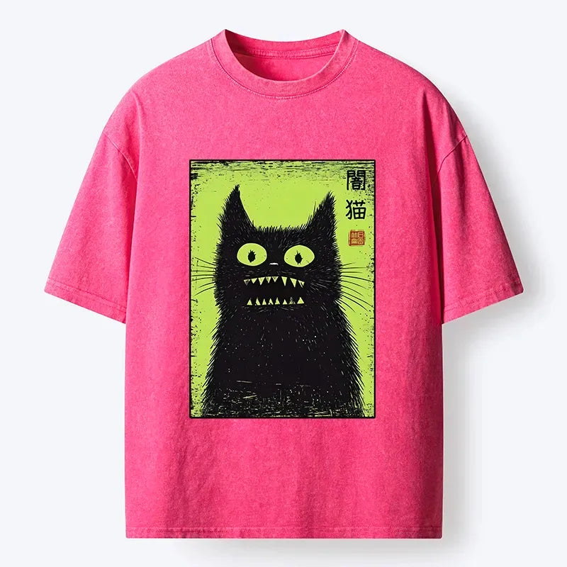 Kyoto-Lion Spooky Black Cat Japanese Washed T-Shirt