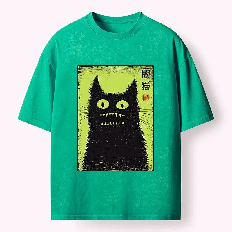 Kyoto-Lion Spooky Black Cat Japanese Washed T-Shirt