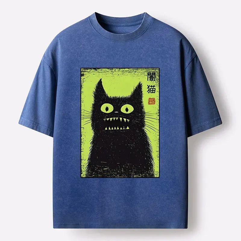 Kyoto-Lion Spooky Black Cat Japanese Washed T-Shirt