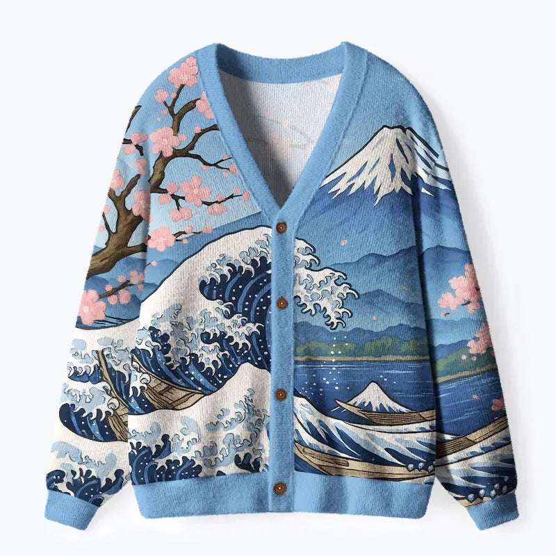 Kyoto-Lion Waves Under Mount Fuji Ugly Cardigan Sweater